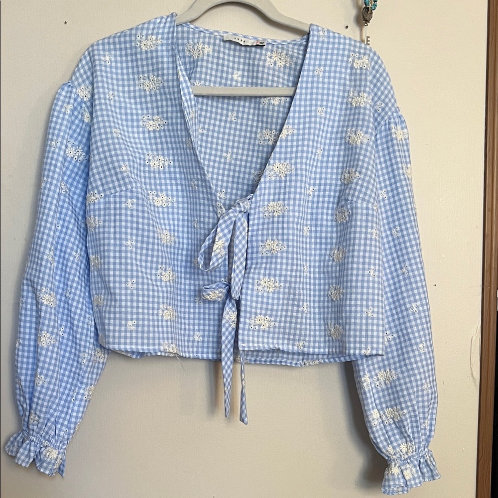 Lush Light Blue Checkered Floral Blouse
